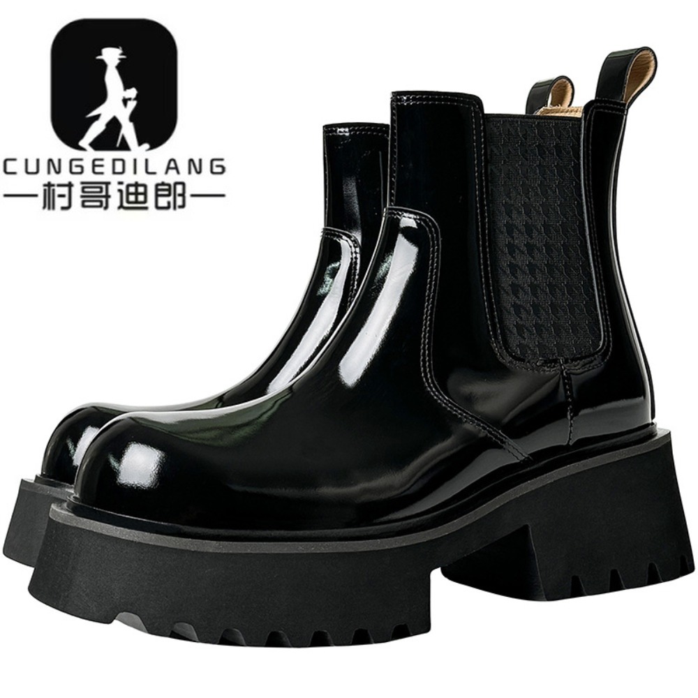 Men'S Shoes Increase Height - 冬用メンズチェルシーブーツ、ヒールが目立たないデザイン、メンズハイヒールブーツ、特許皮革を使用した厚底ブーツ、身長を高く見せる靴。