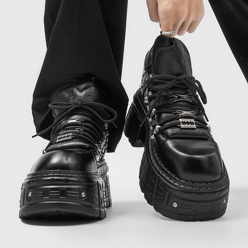 Men'S Shoes Increase Height - 新しいゴシックパンクメンズプラットフォームシューズファッションブラックレザー分厚い厚いソール高さ増加レースアップオートバイブーツサイズ 38-46