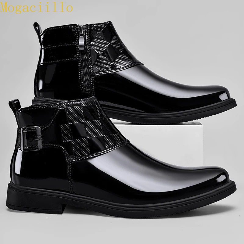 Men'S Shoes Hey Dude - ブランドメンズブラックグロスパテントレザーアンクルブーツ高品質バックル装飾チェルシーブーツ本革ビジネスカジュアルシューズ