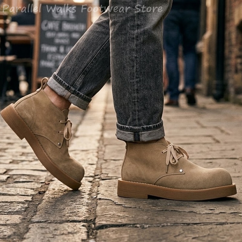 Men'S Shoes Smart - クラシックなメンズスエードデザートブーツ、チャンキーラウンドトゥ、レースアップアンクルシューズ、スマートカジュアルワークウェア、秋冬通勤用フットウェア