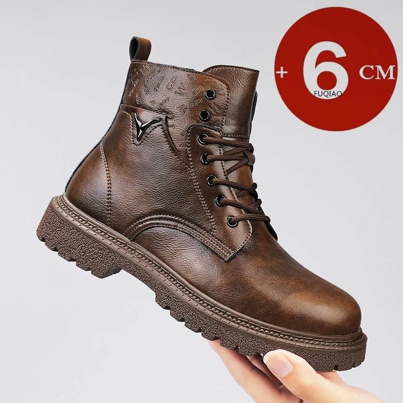 6cm身長アップ効果のあるメンズブーツ、レザー製、アウトドア - Men'S Shoes Increase Height のレビューと価格