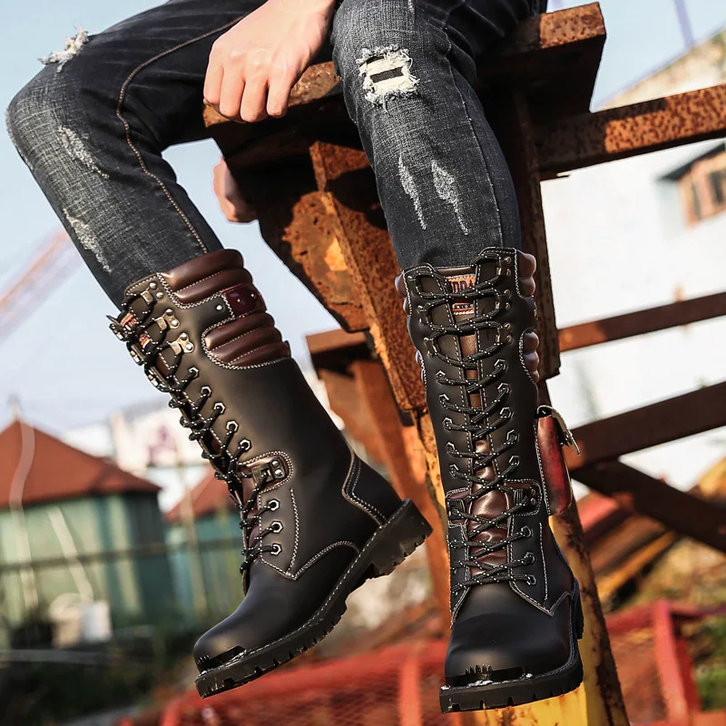 男性ニーハイレザーブーツ冬の男性オートバイブーツゴシックパン - Men'S Shoes Hey Dude のレビューと価格