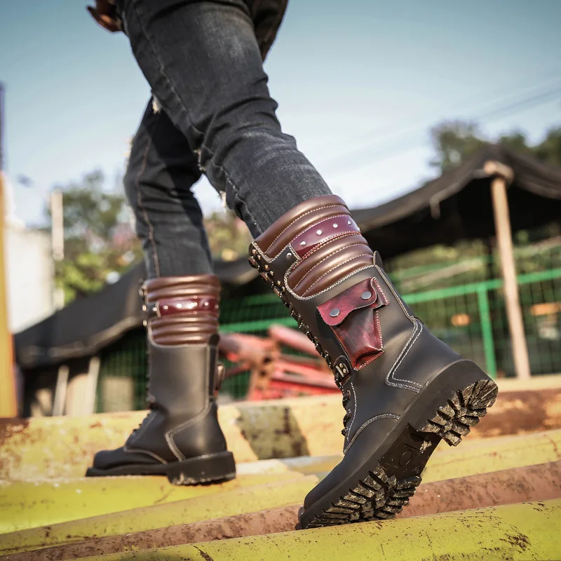 男性ニーハイレザーブーツ冬の男性オートバイブーツゴシックパン - Men'S Shoes Hey Dude のレビューと価格